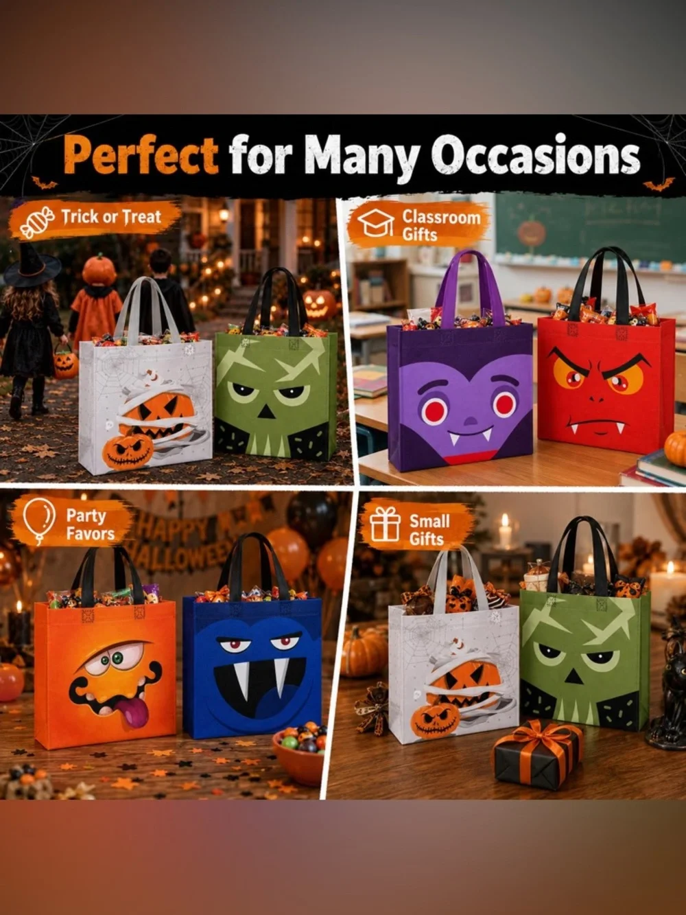Halloween Kids Trick-or-Treat Tote Bag Set - Assorted Monster Faces 6 pack